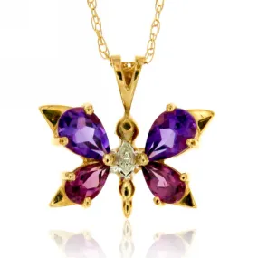 10k Yellow Gold Amethyst and Garnet Gemstone and Diamond Butterfly Pendant with 18" Chain.