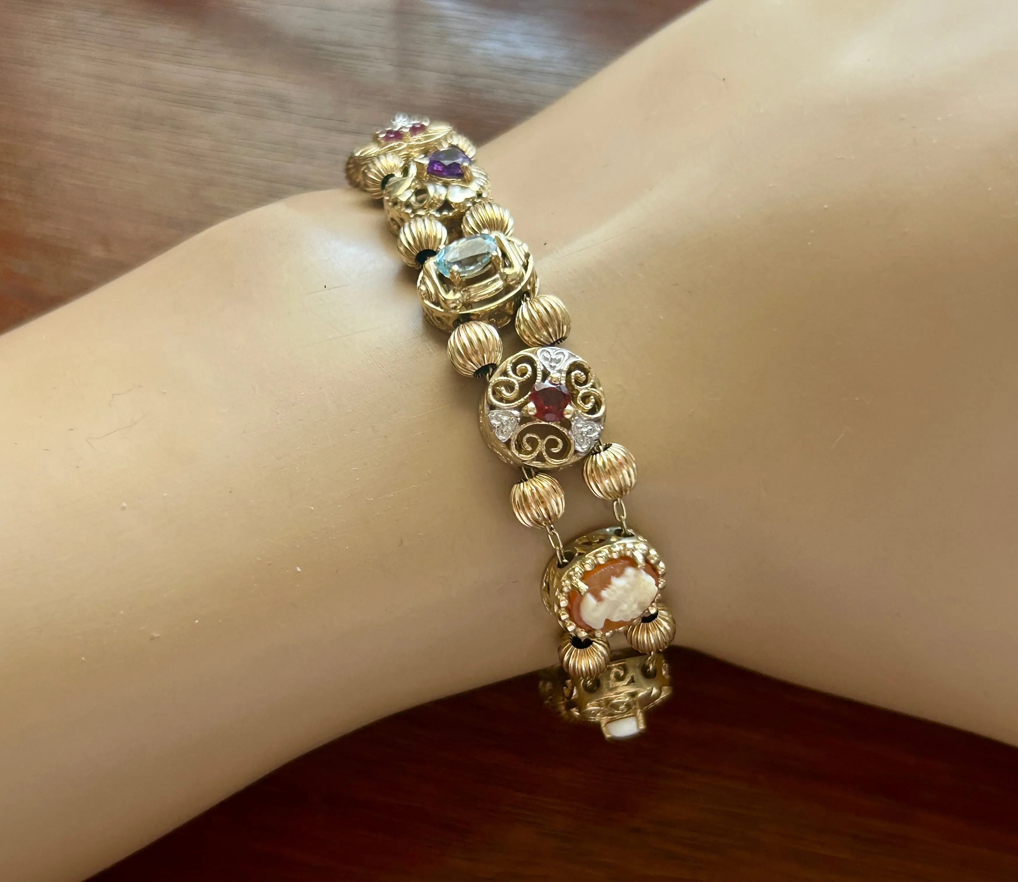 10k Yellow Gold Cameo Diamond Precious Stone Slide Charm Bracelet Richard Klein