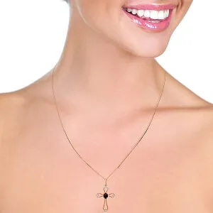 14K Solid Rose Gold Cross Necklace w/ Natural Diamonds & Garnet