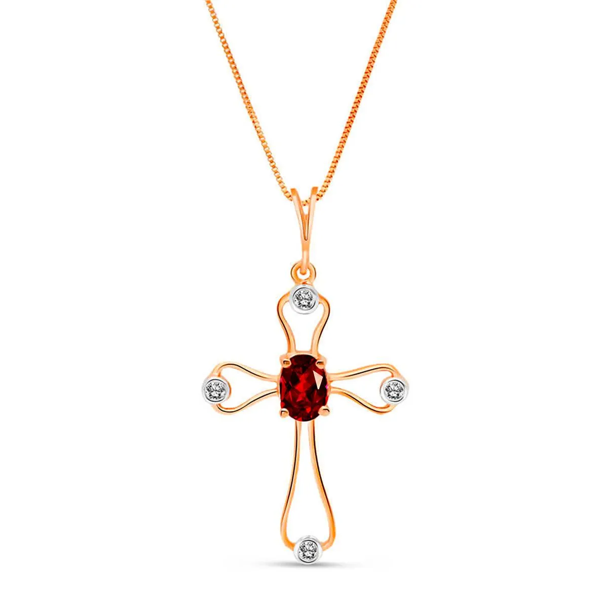 14K Solid Rose Gold Cross Necklace w/ Natural Diamonds & Garnet