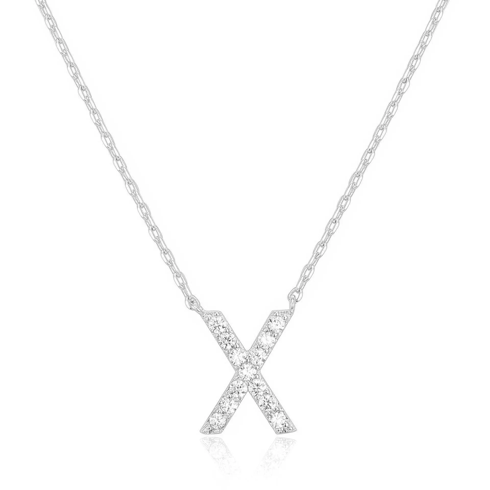 14k White Gold Created Diamond Initial X Letter Pendant Necklace Plated