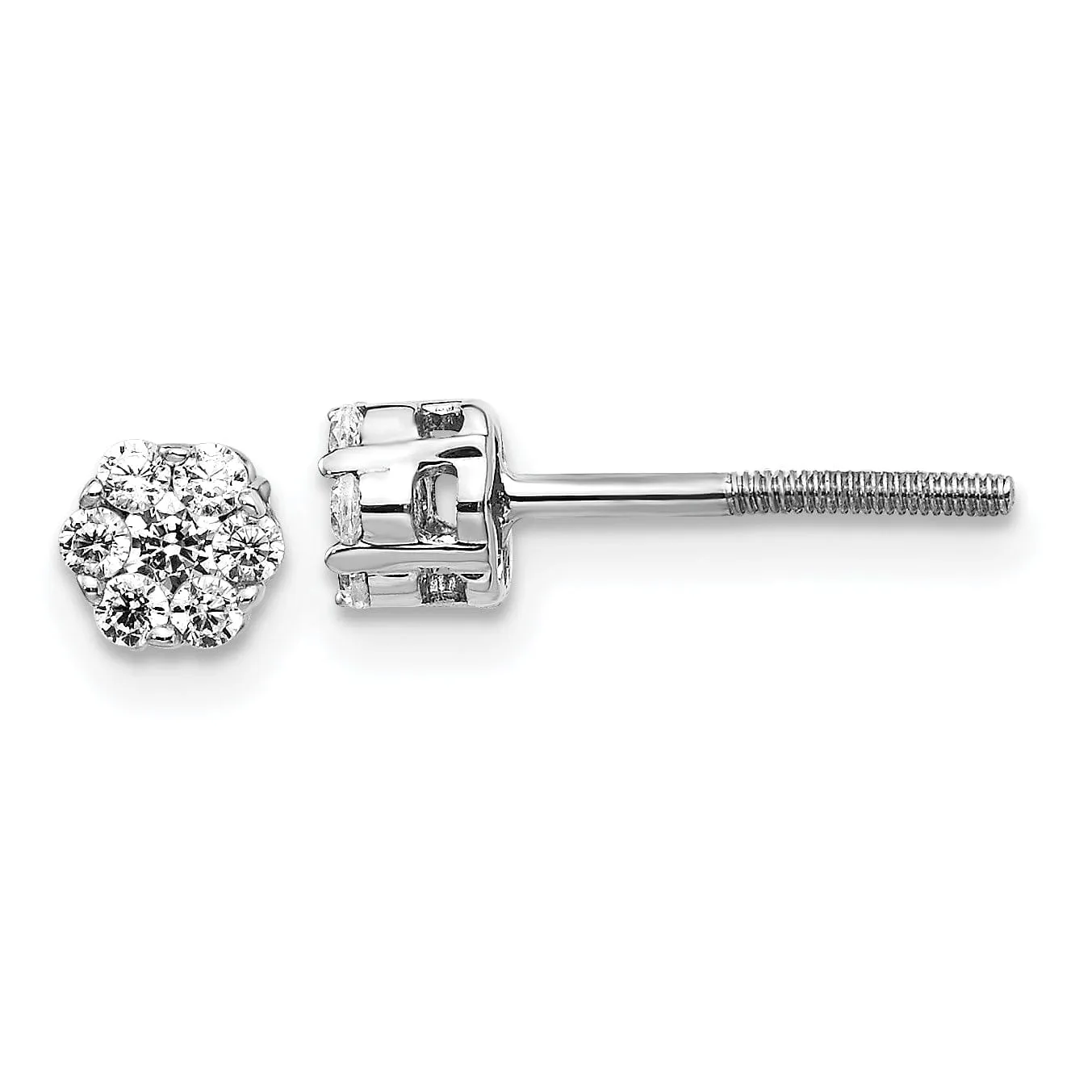 14k White Gold Diamond Cluster Screwback Earrings