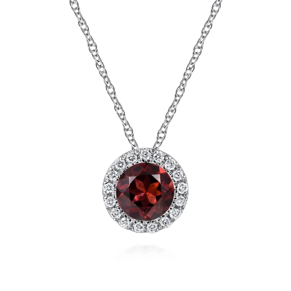 14K White Gold Garnet and Diamond Halo Pendant Necklace - NK2824W45GN