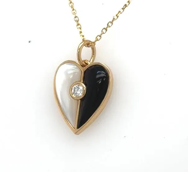 14K Yellow Gold Mother of Pearl, Onyx, & Diamond Heart Pendant