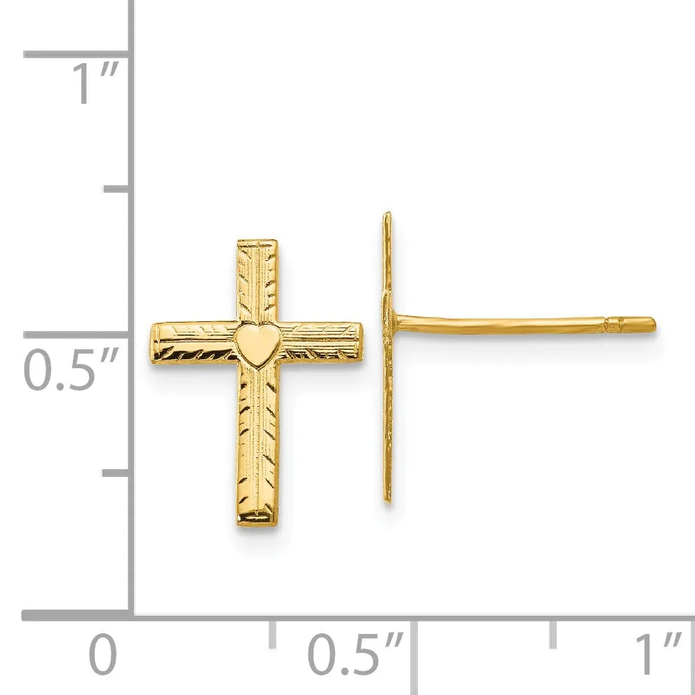 14k Yellow Gold Polished Satin Heart Cross Earrings