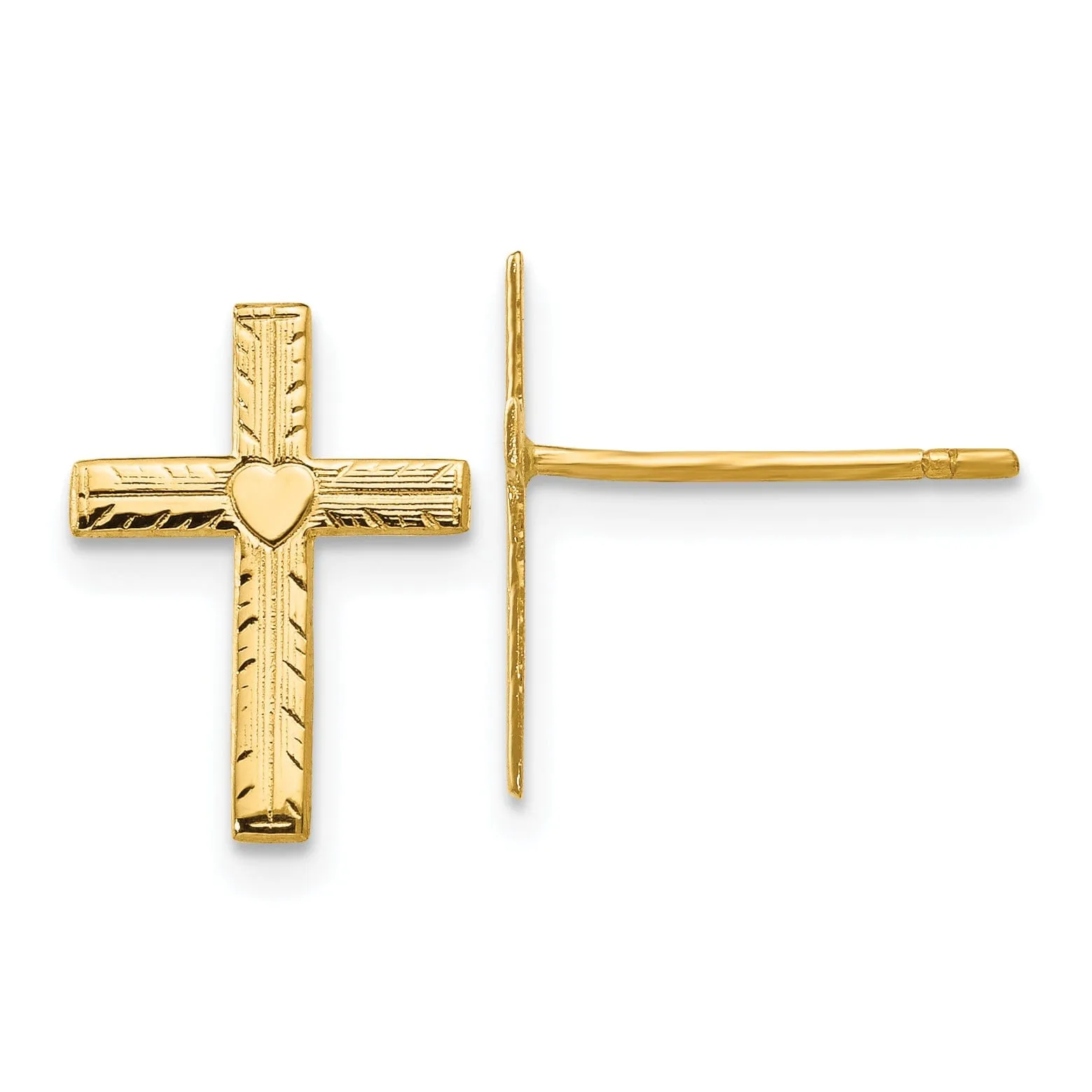 14k Yellow Gold Polished Satin Heart Cross Earrings