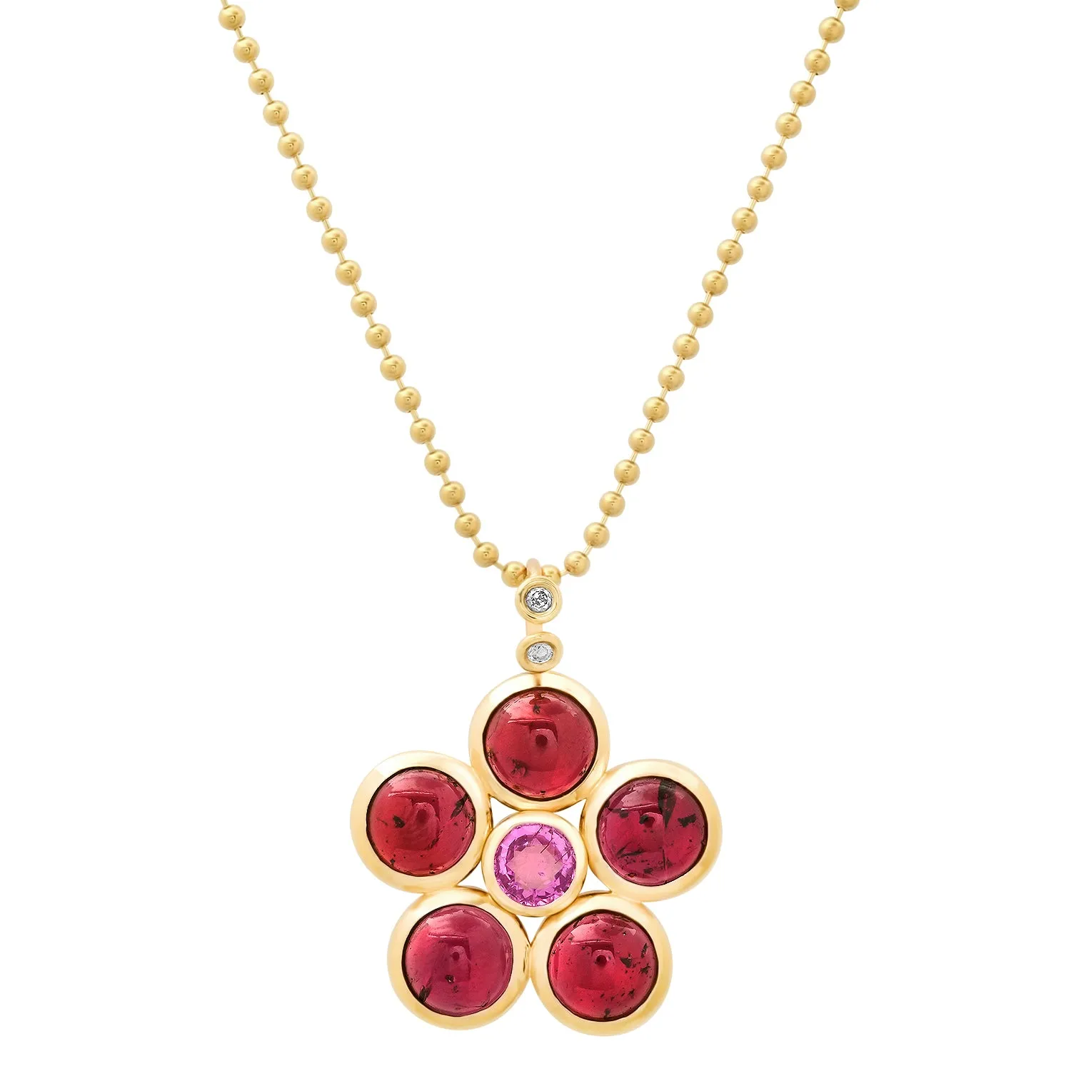 14K YG Garnet, Pink Tourmaline and Diamond Blossom Necklace