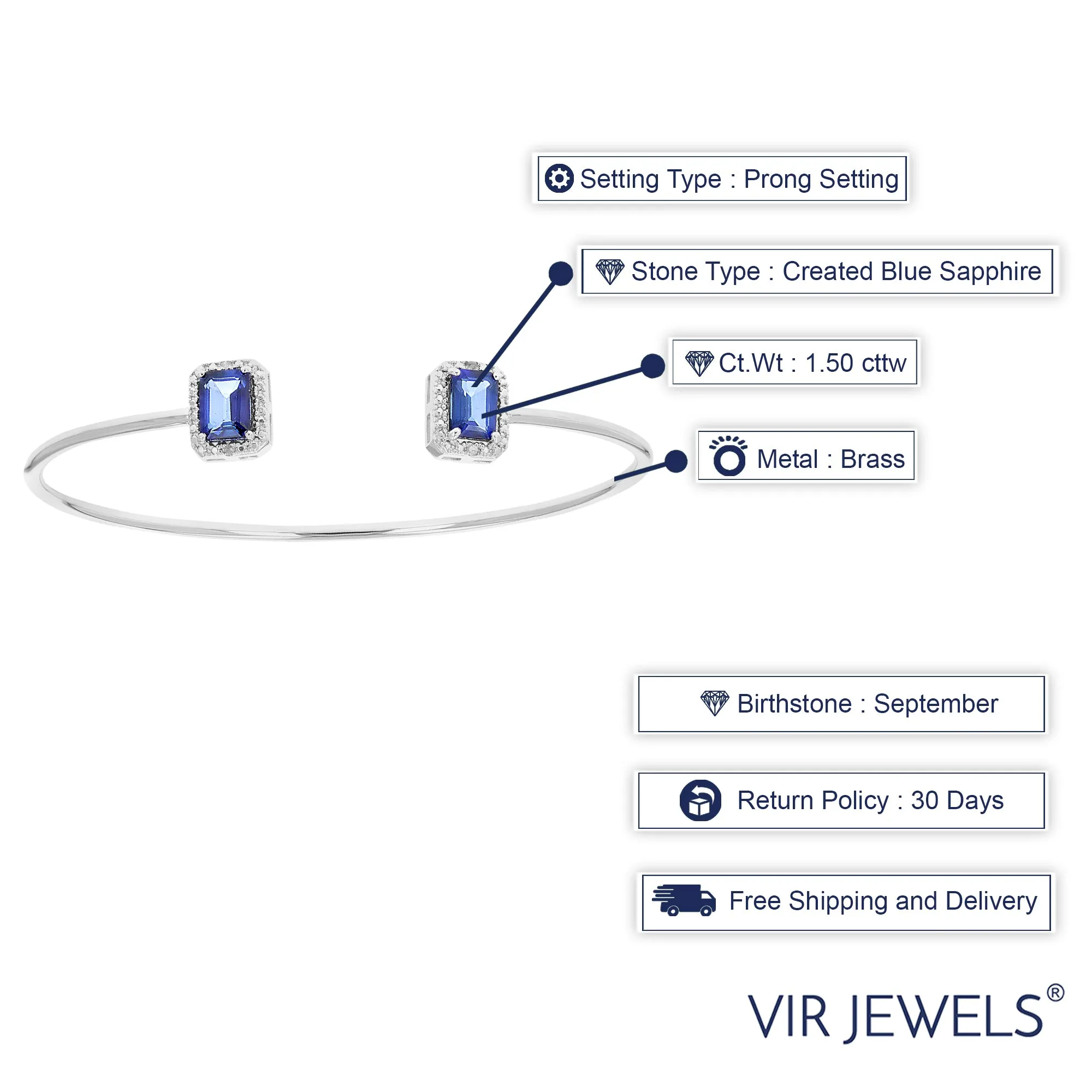 1.50 cttw Created Blue Sapphire Cuff Bangle With Rhodium Plating