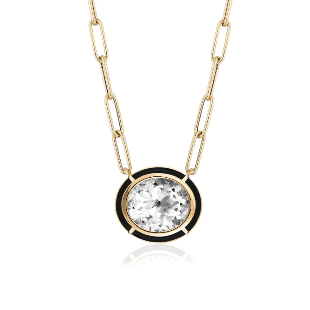 18K Gold Melange Rock Crystal and Onyx Oval Pendant Necklace