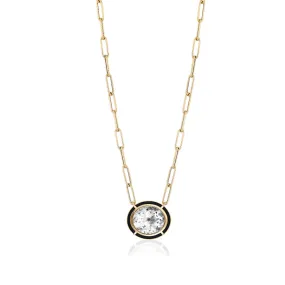 18K Gold Melange Rock Crystal and Onyx Oval Pendant Necklace