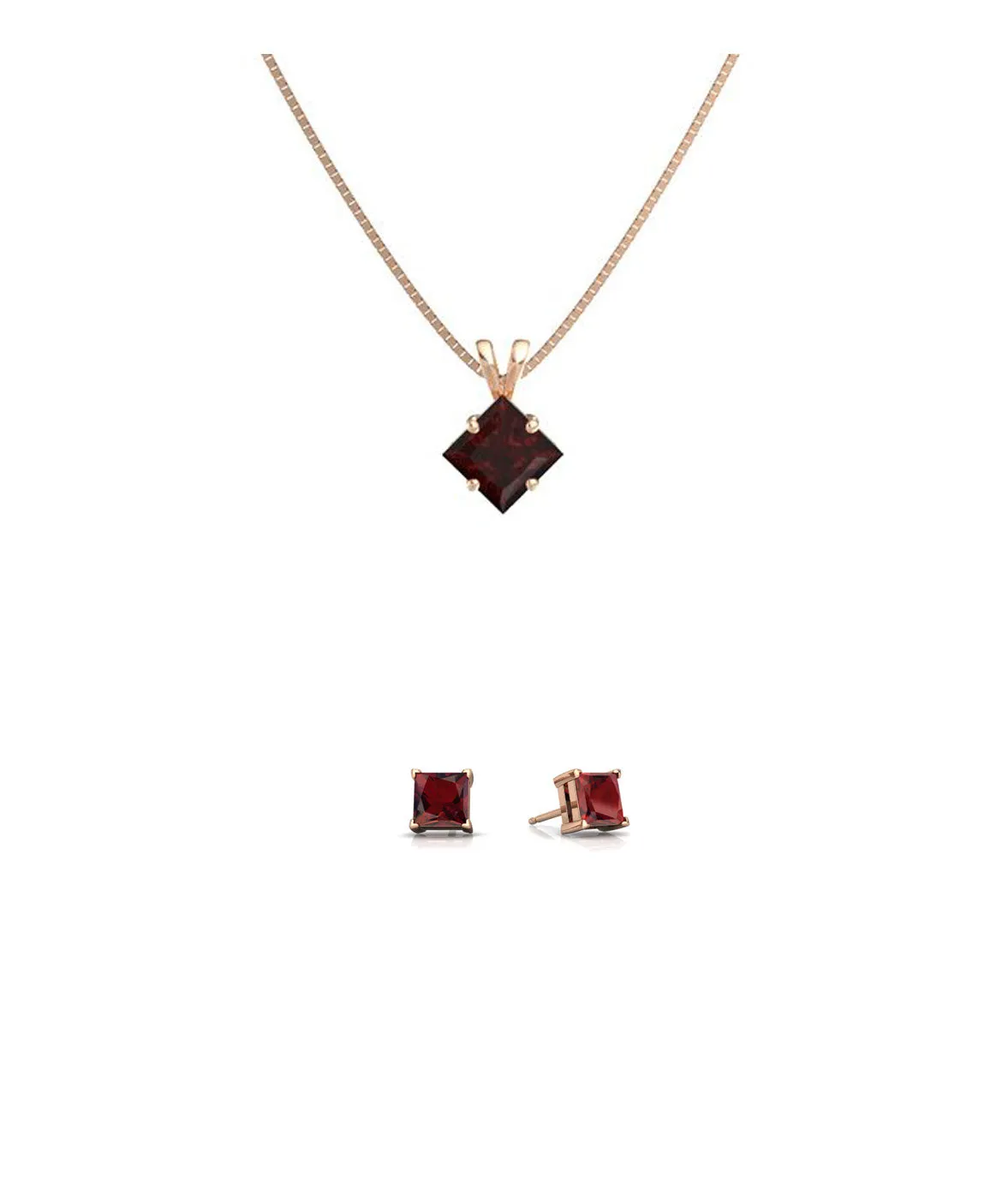 18K Rose Gold 1ct Garnet Square 18 Inch Necklace and Earrings Set Plated