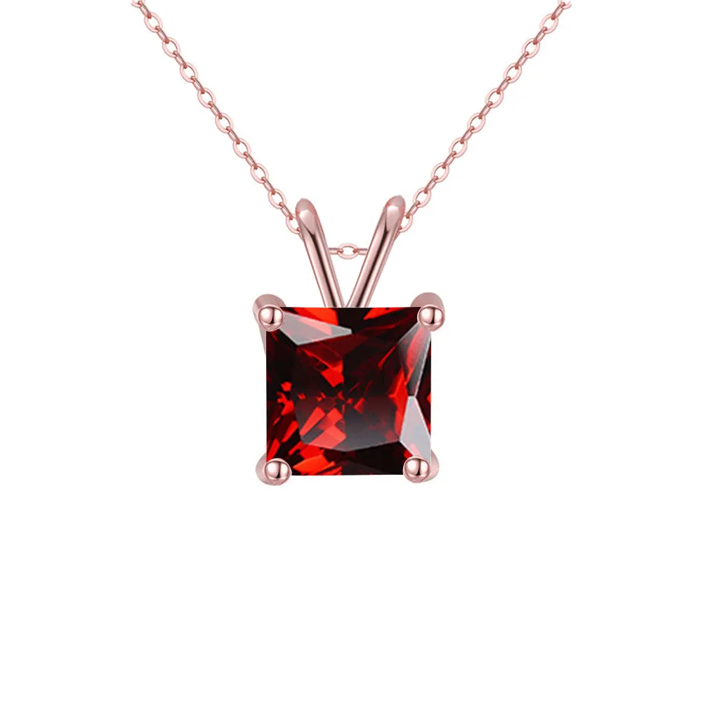 18K Rose Gold 2 Carat Created Garnet Princess Stud Necklace Plated 18 inch