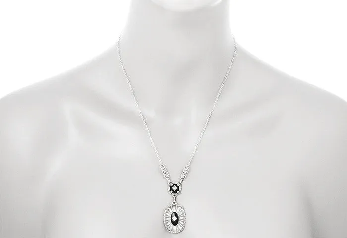 1920's Filigree Art Deco Lavalier Drop Necklace with Sun Ray Camphor Crystal, Black Onyx and Diamonds in Sterling Silver | Antique Replica