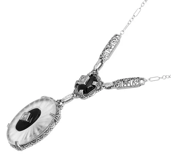 1920's Filigree Art Deco Lavalier Drop Necklace with Sun Ray Camphor Crystal, Black Onyx and Diamonds in Sterling Silver | Antique Replica