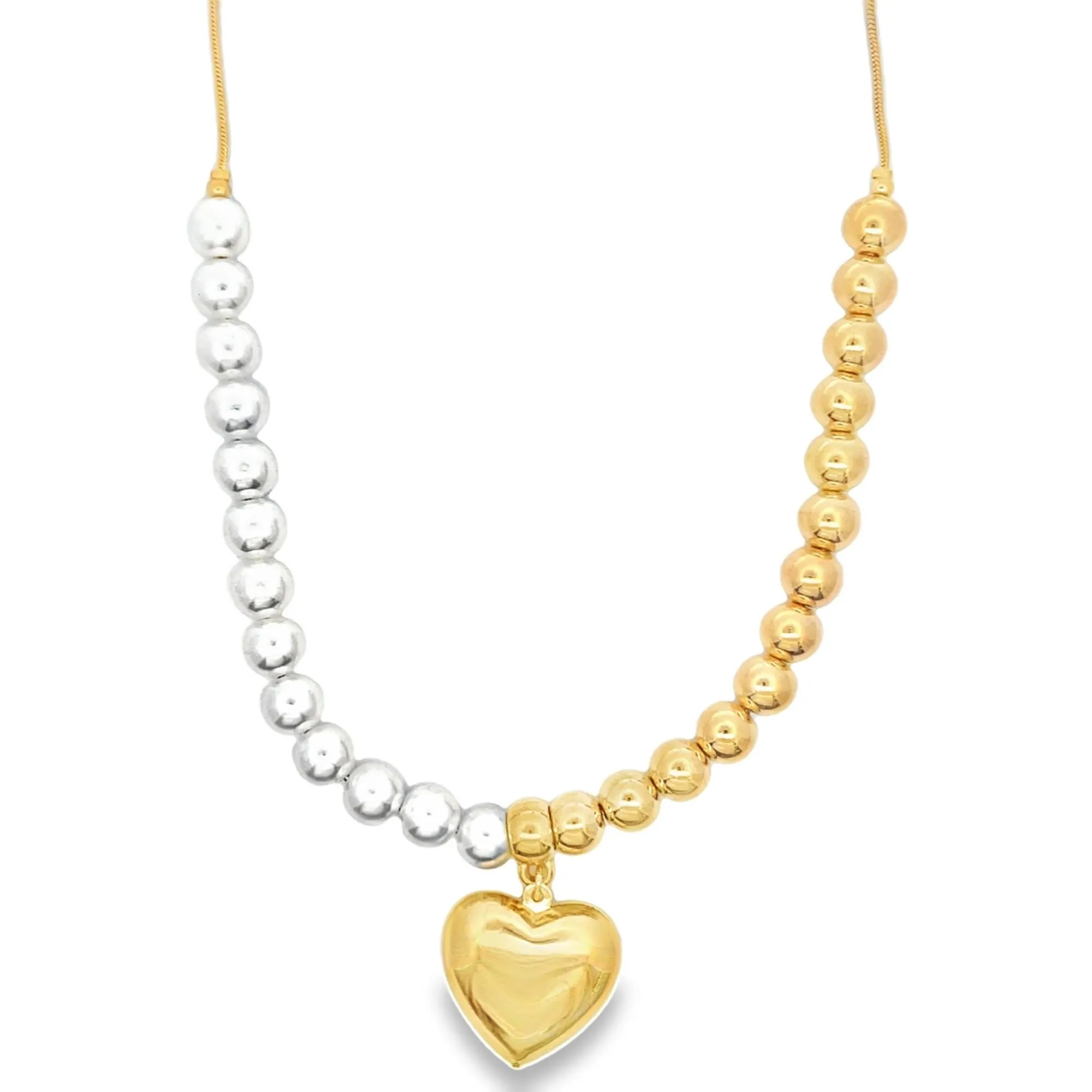 1mm Mouse Tail Chain Necklace With A Heart Pendant, Pearls & Gold Beads (F248)