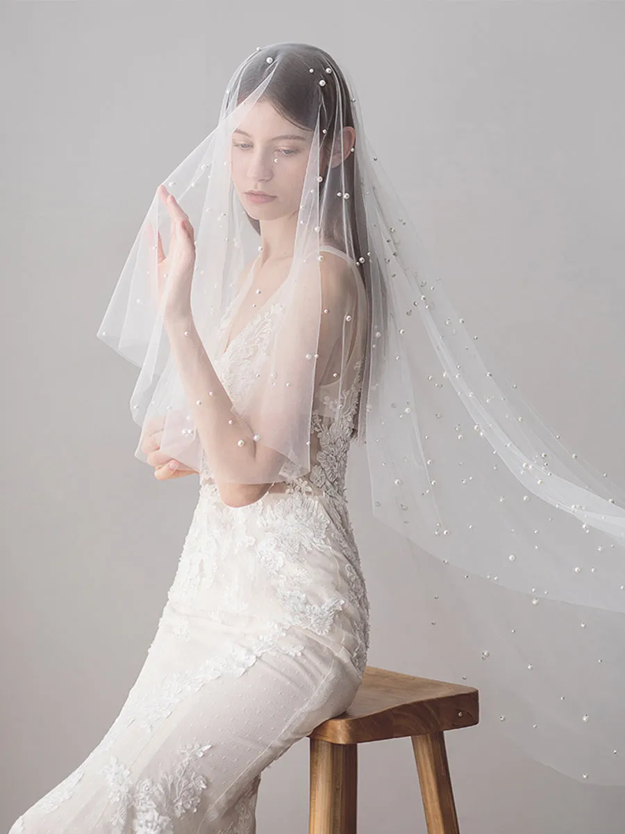 2-Layers Tulle Midi Wedding Veil With Pearls V607xmj