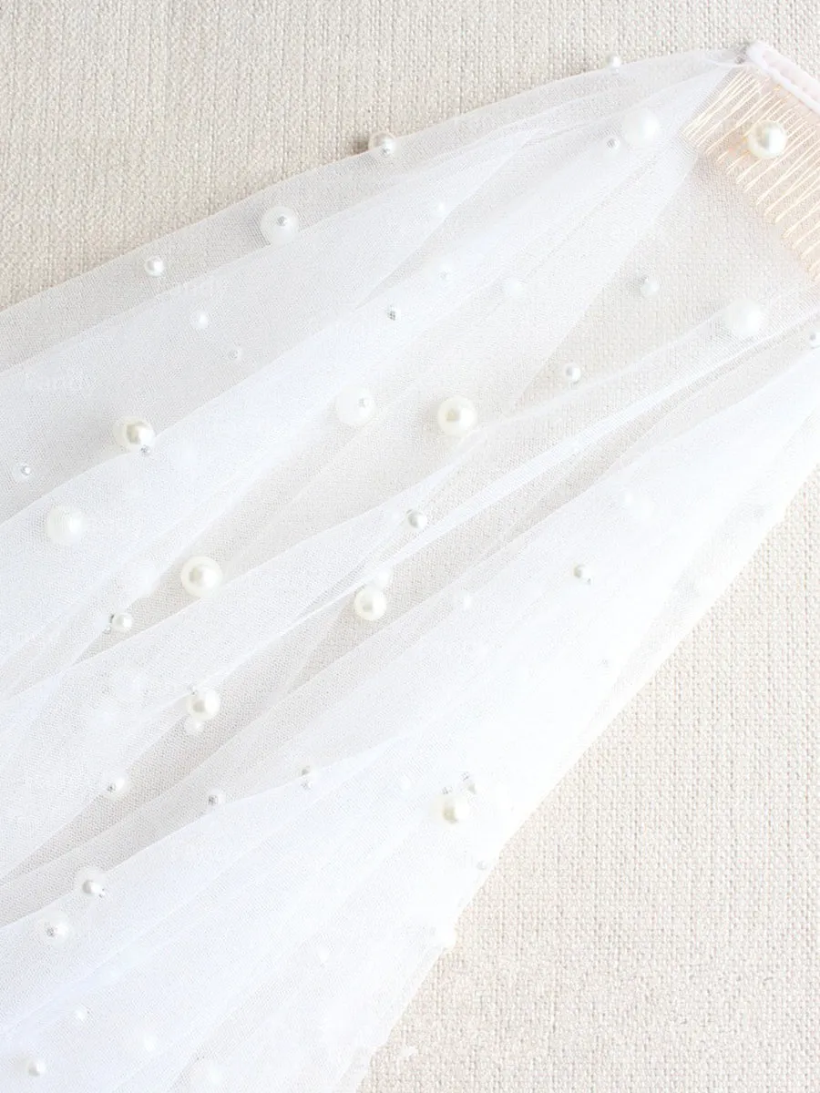 2-Layers Tulle Midi Wedding Veil With Pearls V607xmj