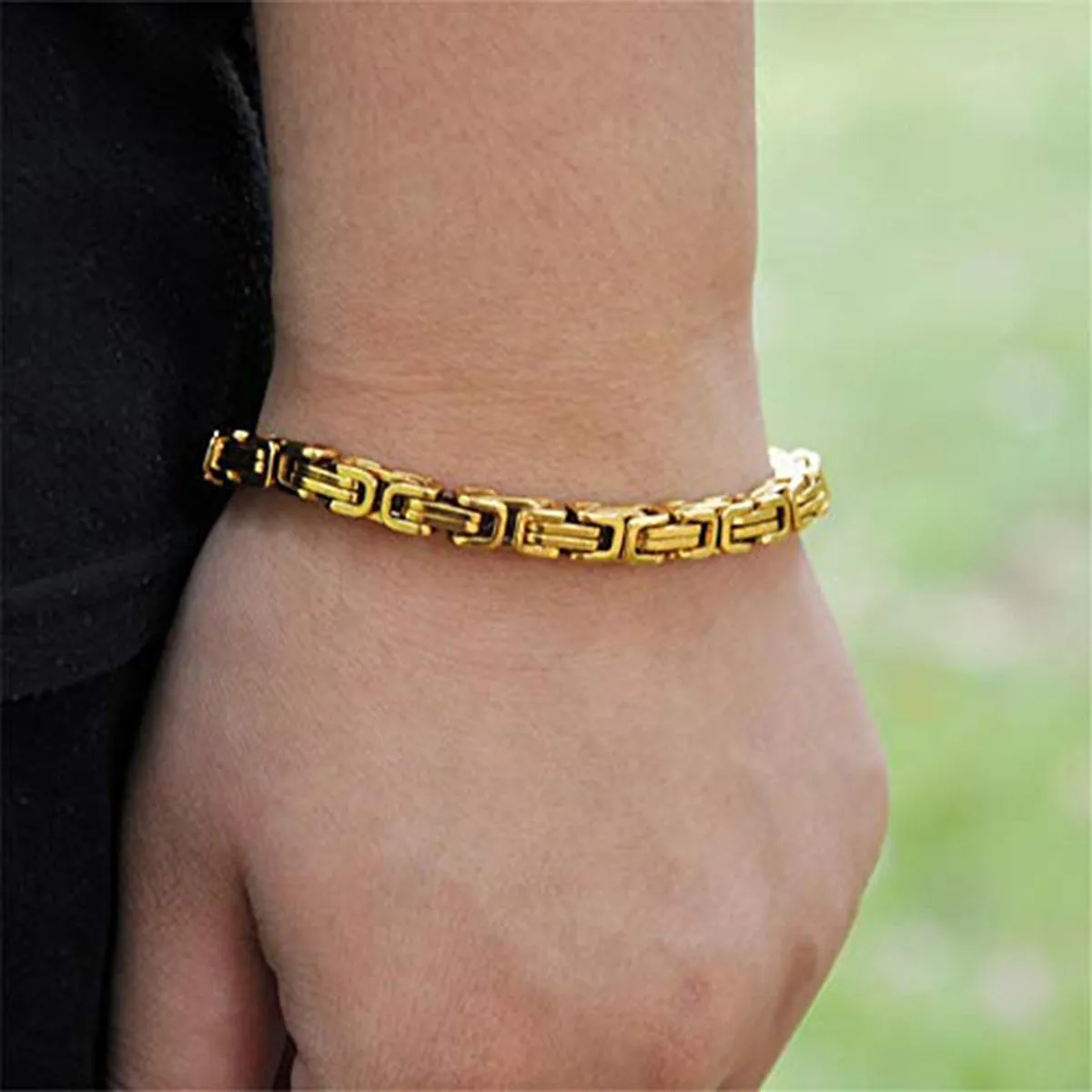 316L Stainless Steel Thick 3D Gold Plated Byzantine Bracelet For Men