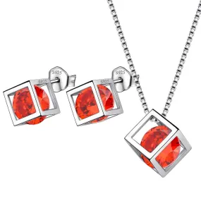 3D Cube Birthstone January Garnet Jewelry Set 3PCS Women Girls Birthday Gift