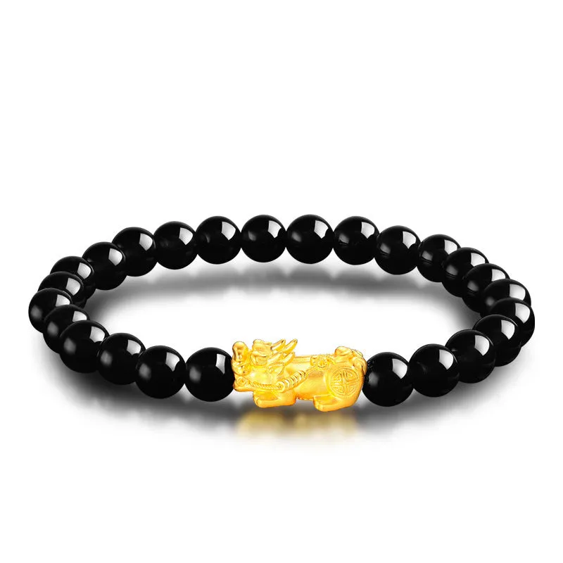 3D Gold Pixiu Natural Gemstone Piyao Bead Bracelet 6mm