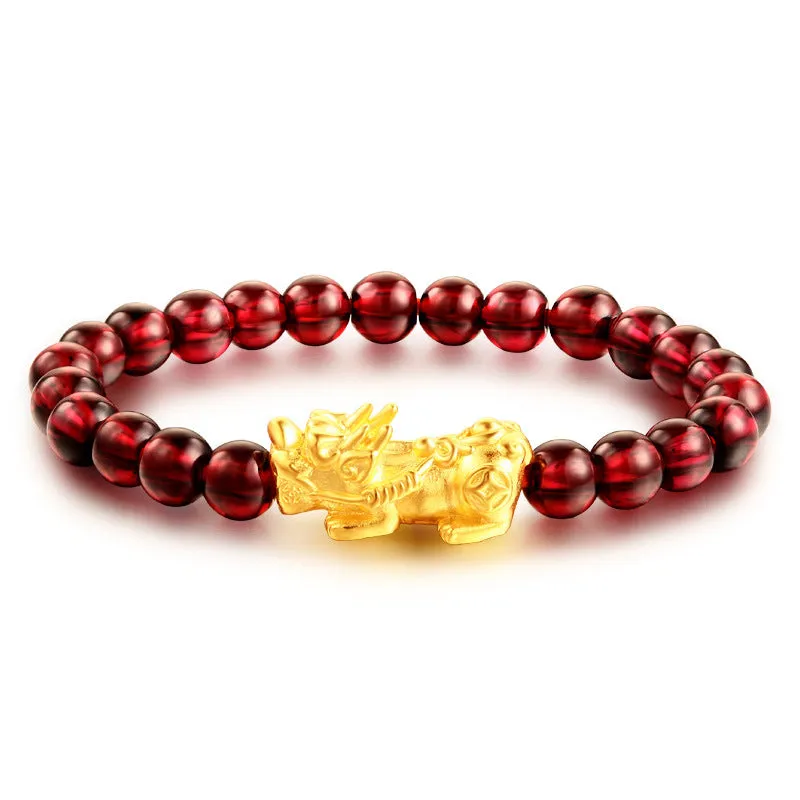 3D Gold Pixiu Natural Gemstone Piyao Bead Bracelet 6mm