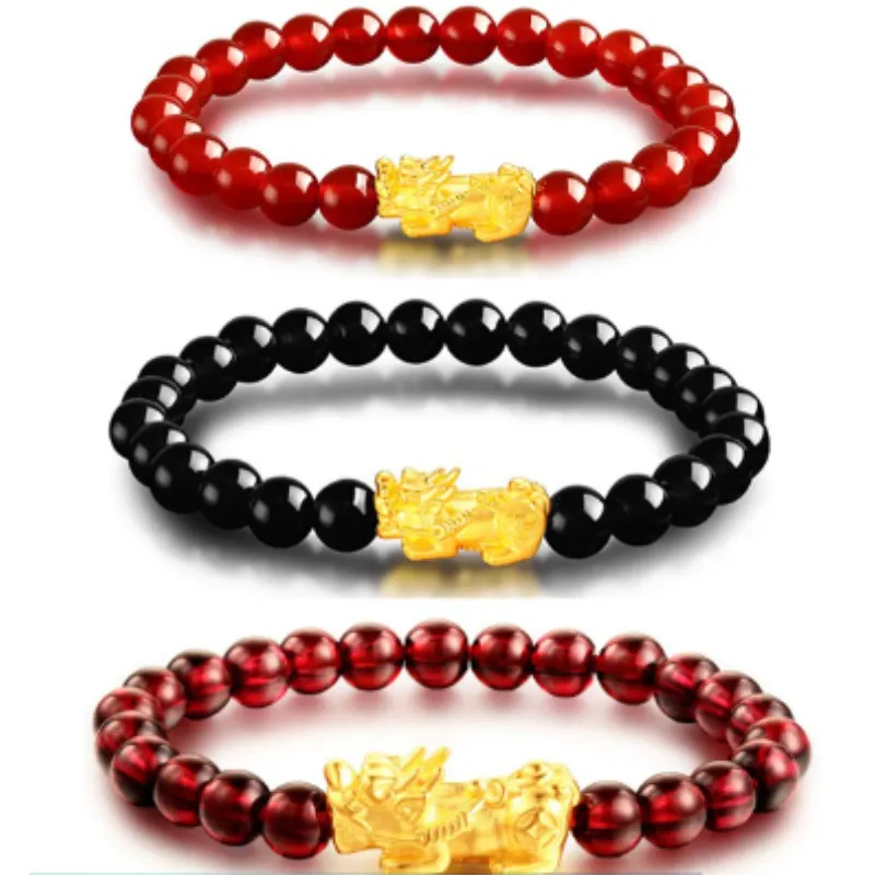 3D Gold Pixiu Natural Gemstone Piyao Bead Bracelet 6mm