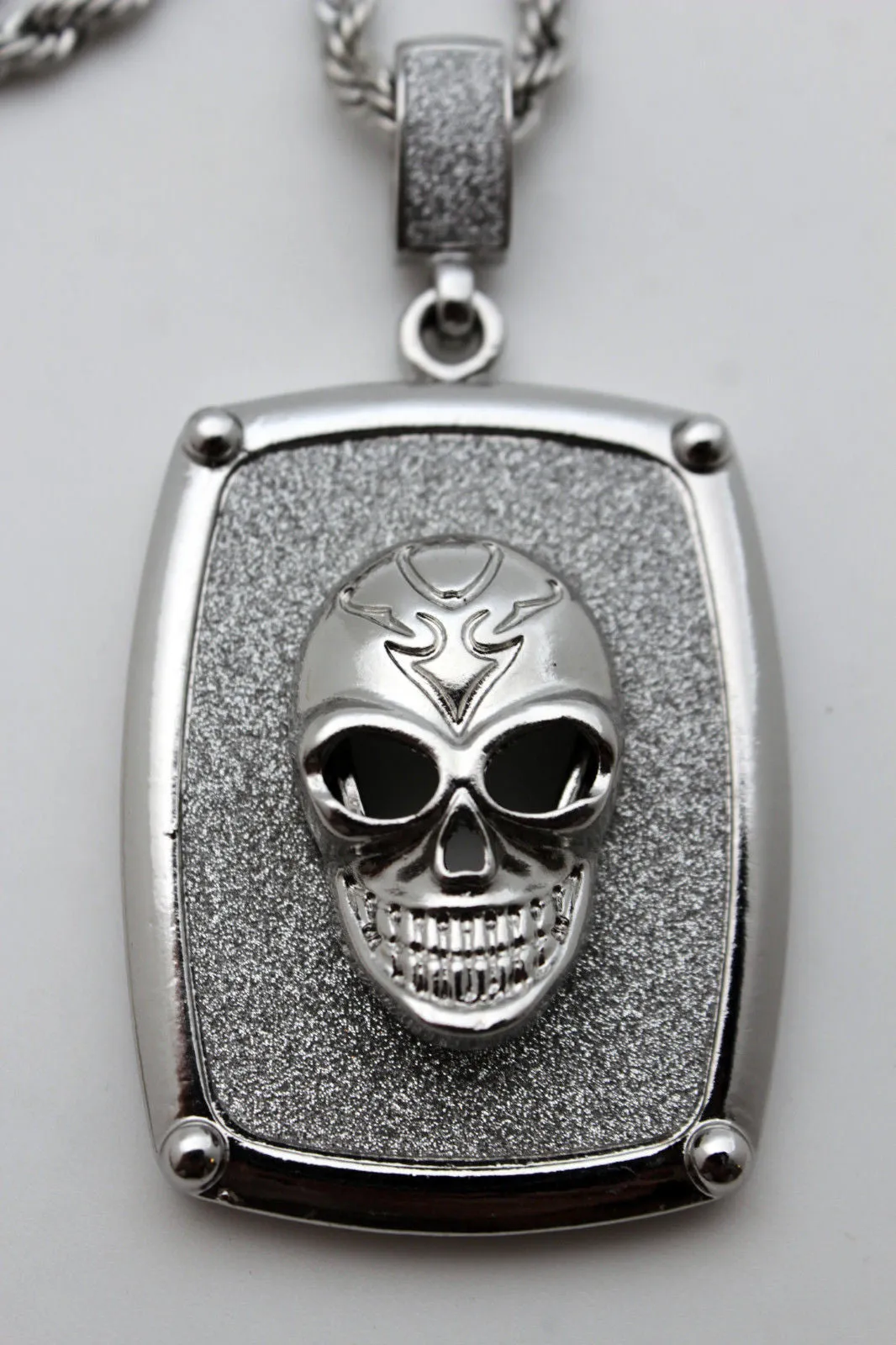 3D Skull Skeleton Head Pendant Long Metal Chain Necklace