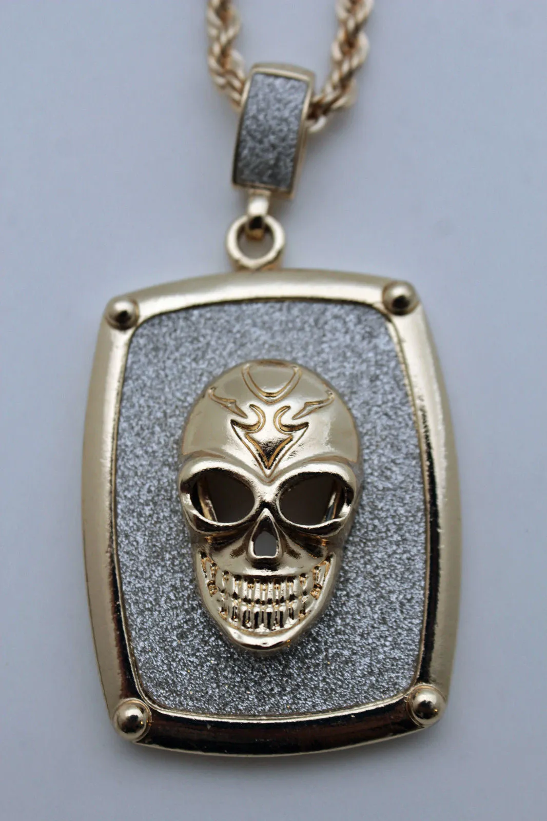 3D Skull Skeleton Head Pendant Long Metal Chain Necklace