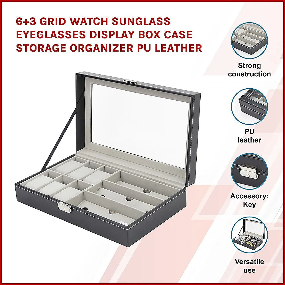 6 3 Grid Watch Sunglass Eyeglasses Display Box Case Storage Organizer PU Leather