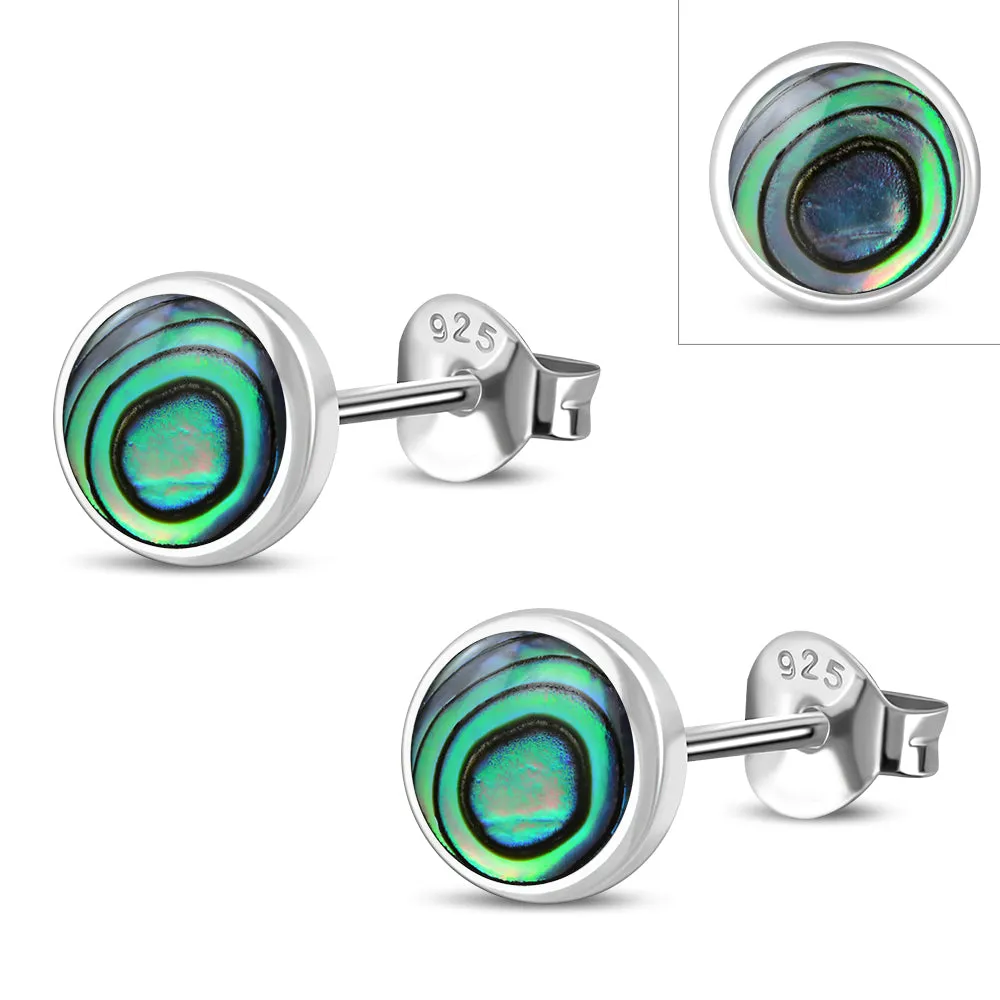 8.00mm | Abalone Simple Round Silver Stud Earrings