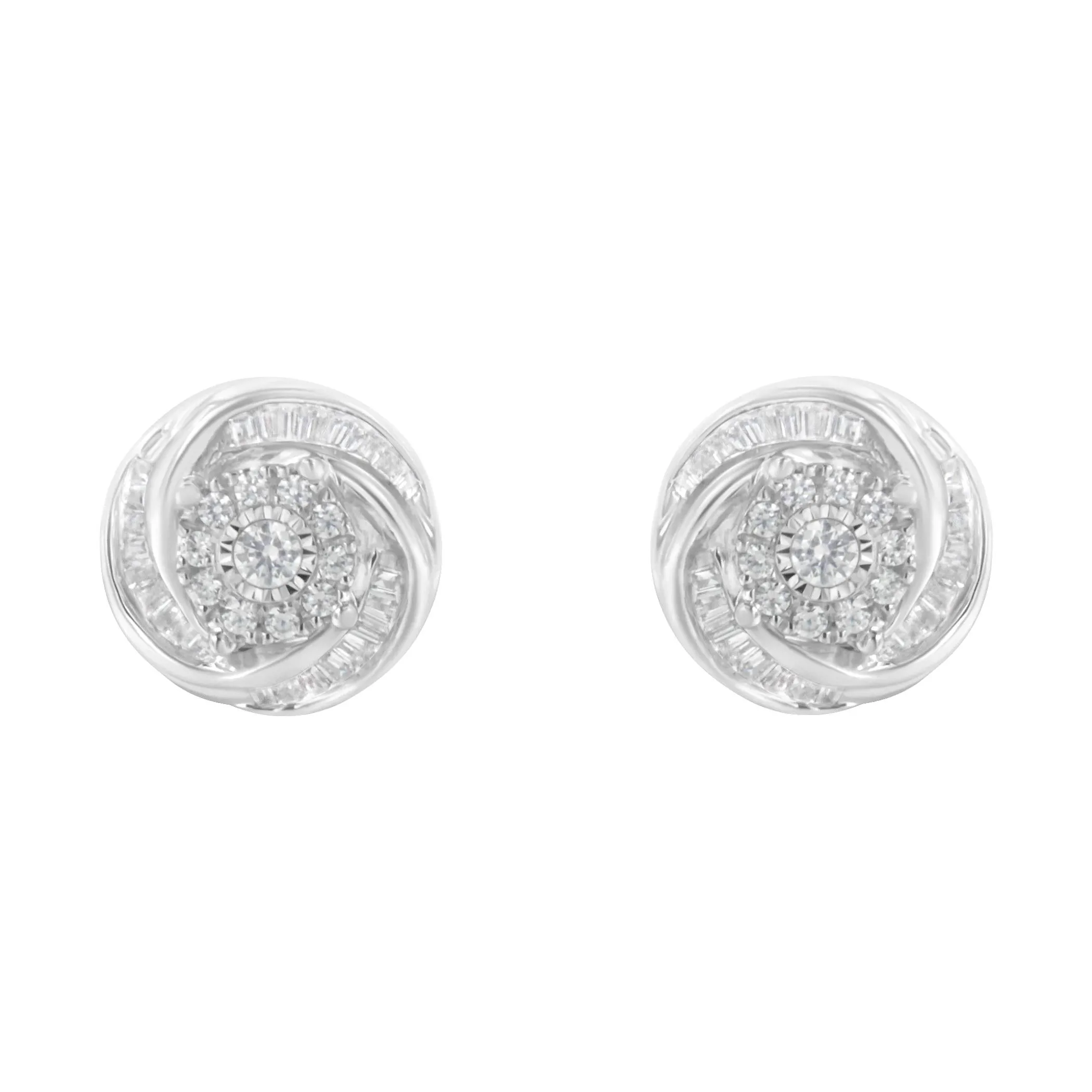 .925 Sterling Silver 3/4 Cttw Round and Baguette-Cut Diamond Love Knot Stud Earring (I-J Color, I2-I3 Clarity)