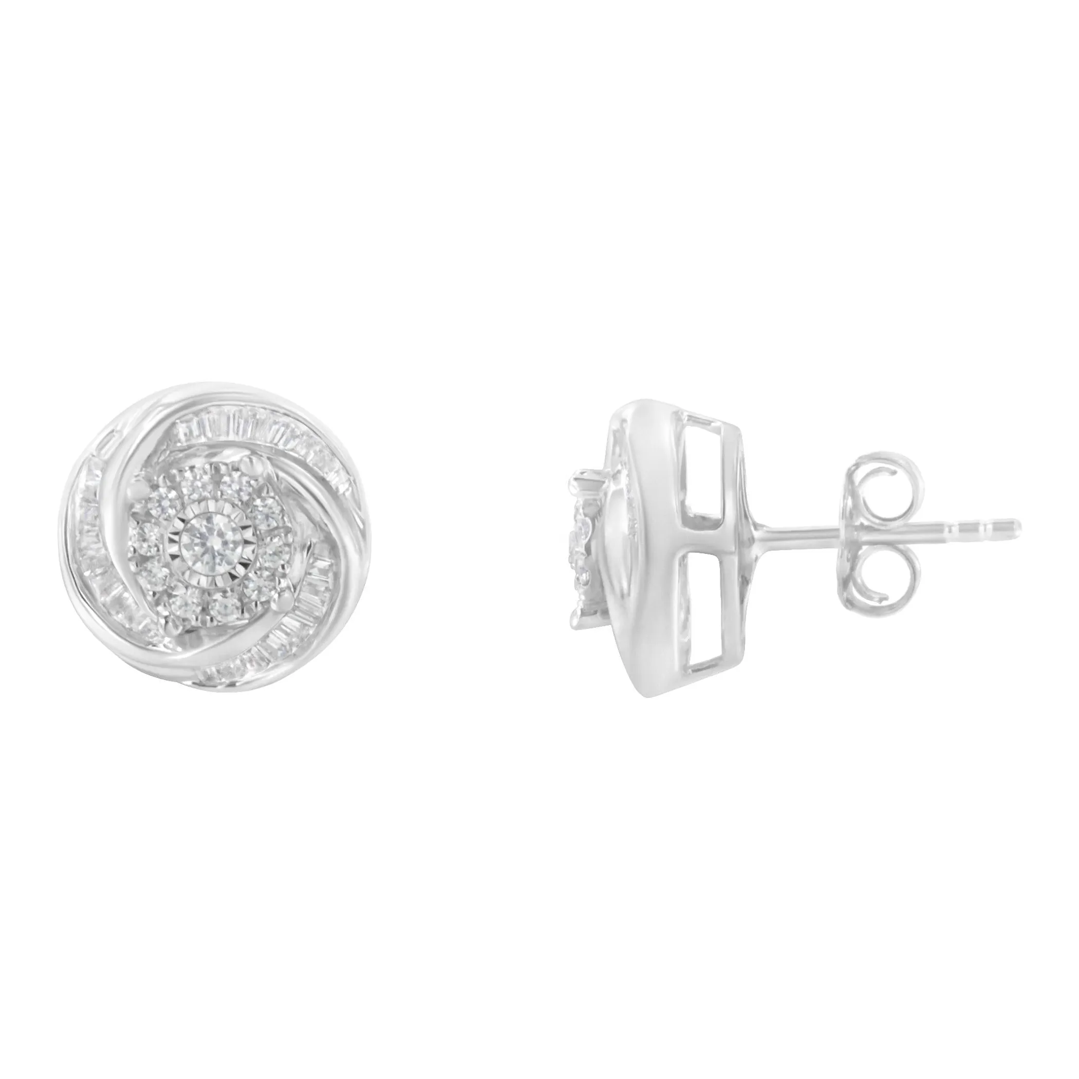 .925 Sterling Silver 3/4 Cttw Round and Baguette-Cut Diamond Love Knot Stud Earring (I-J Color, I2-I3 Clarity)