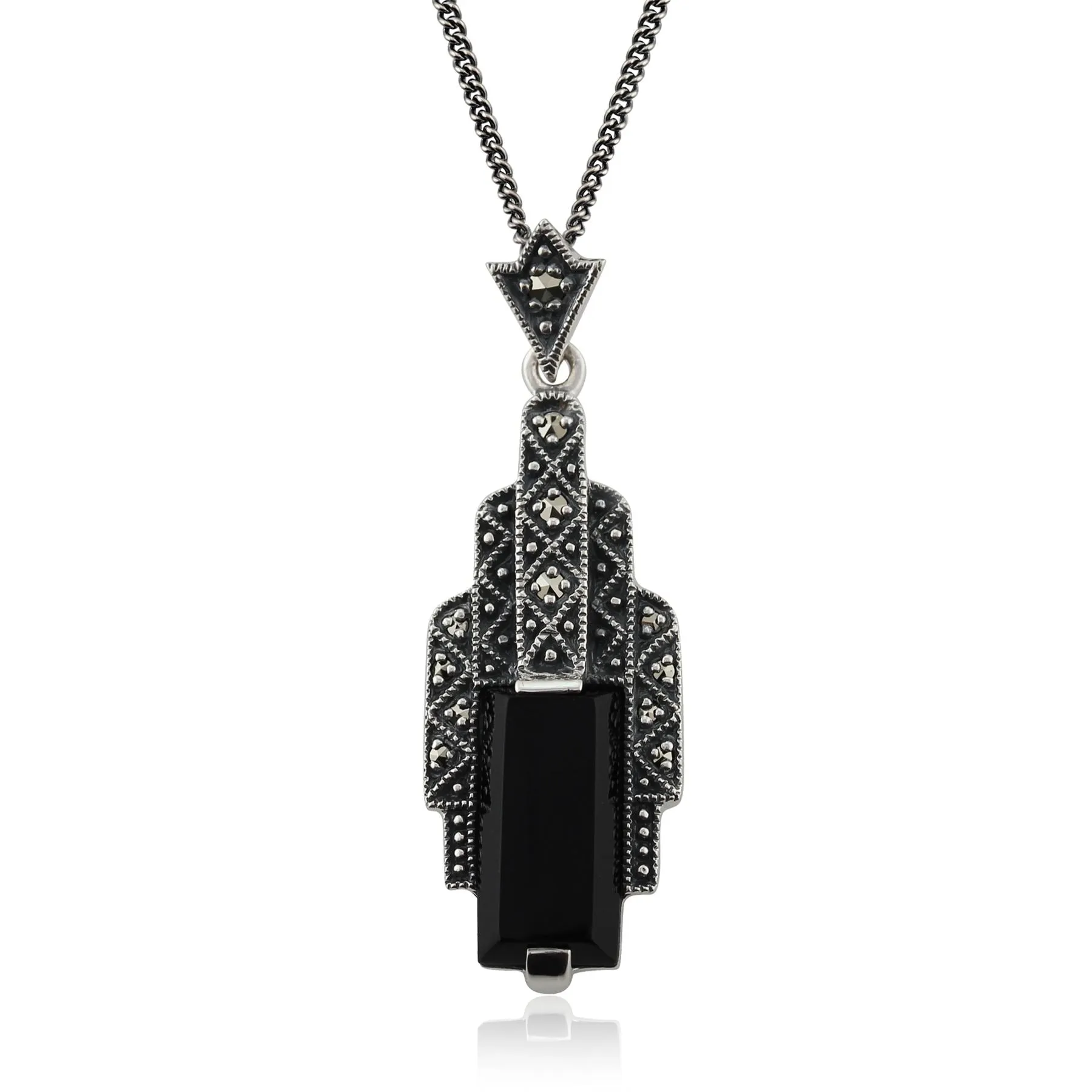 925 Sterlingsilber 2.31ct Schwarzer Onyx Cabochon & 0,13 KT Markasit Art Déco 45cm Halskette