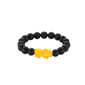 999 Gold Qian Duo Duo (錢多多) Pixiu with Black Agate Beads Bracelet