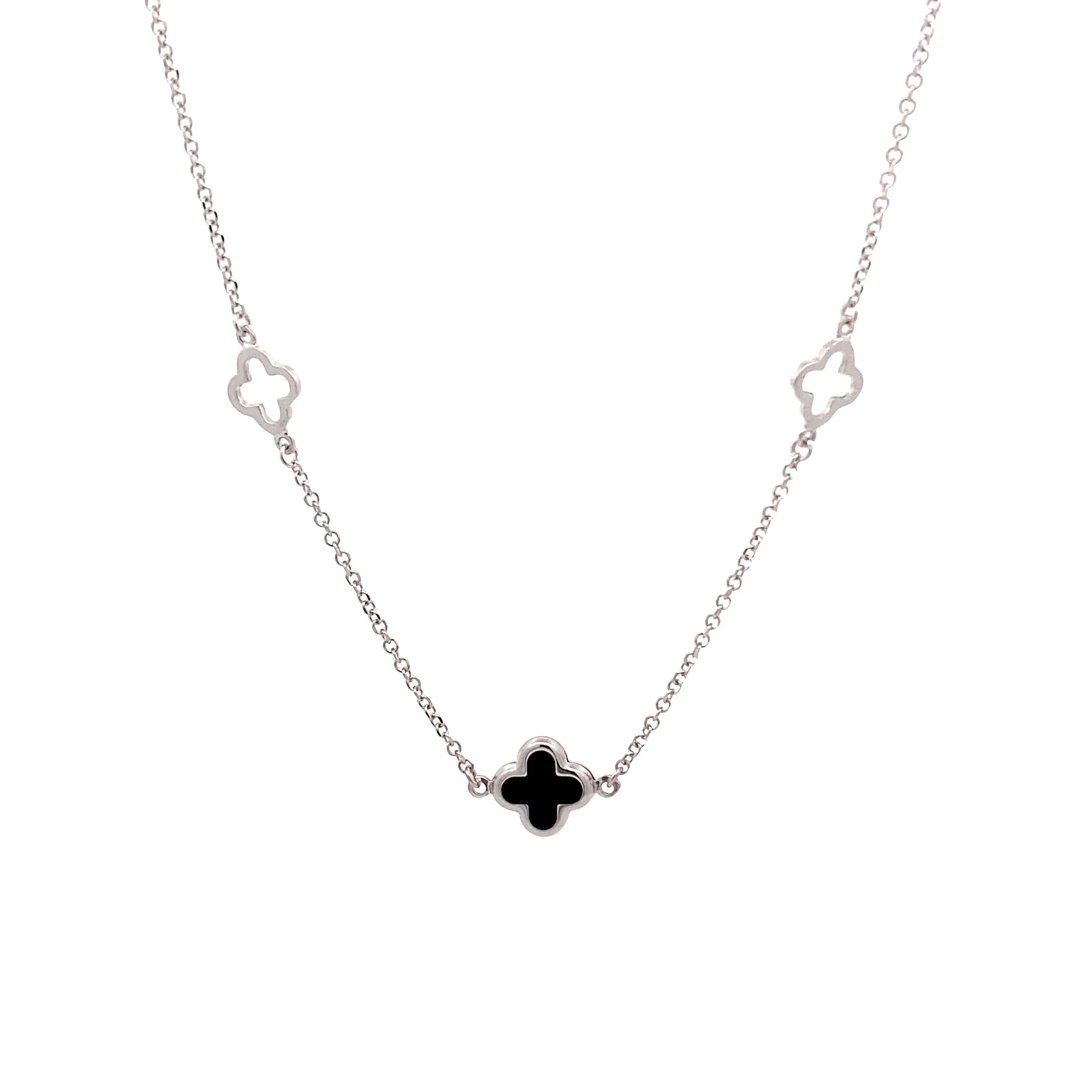 9ct White Gold Onyx Clover/Quatrefoil Necklace