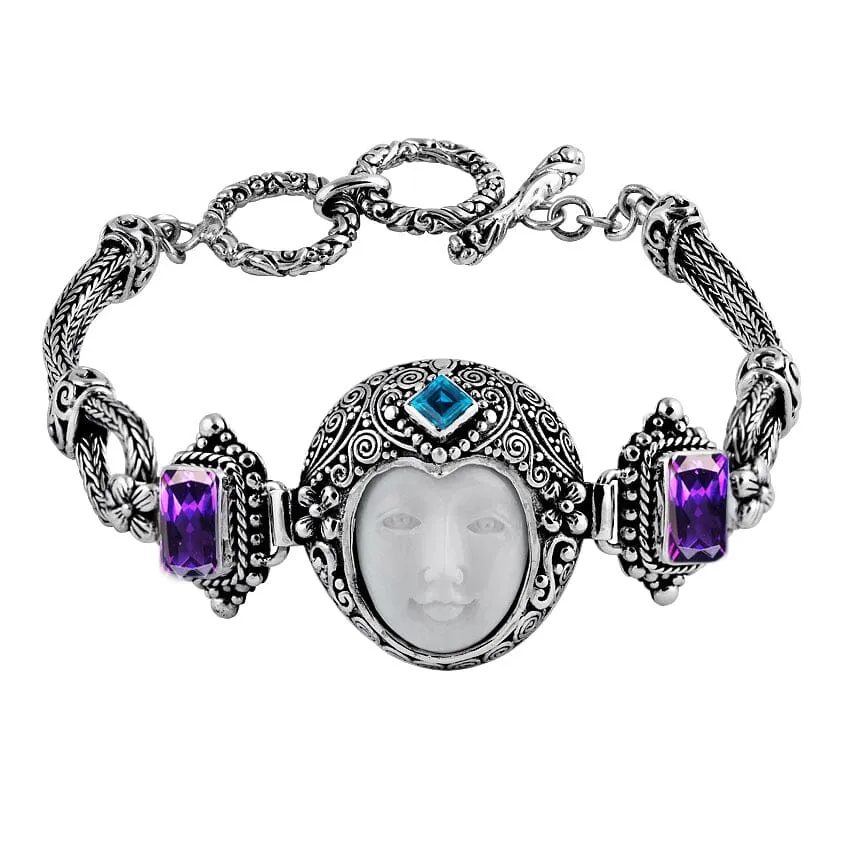 AB-6010-CO2 Sterling Silver Bracelet With Bone Face, Garnet Q.,  Blue Topaz Q.