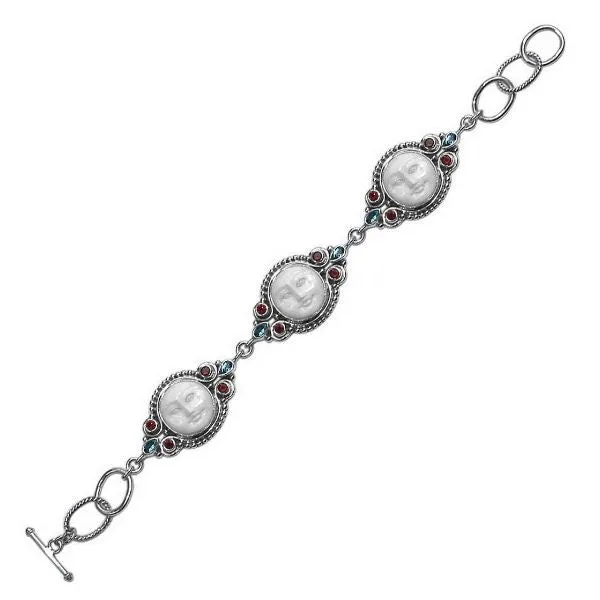 AB-6095-CO1 Sterling Silver Bracelet With Bone Face, Garnet Q. & Blue Topaz Q.