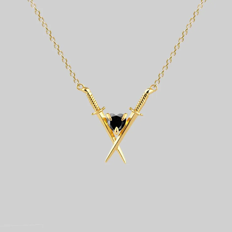 ABJURE. Crossed Swords & Onyx Heart Necklace - Gold