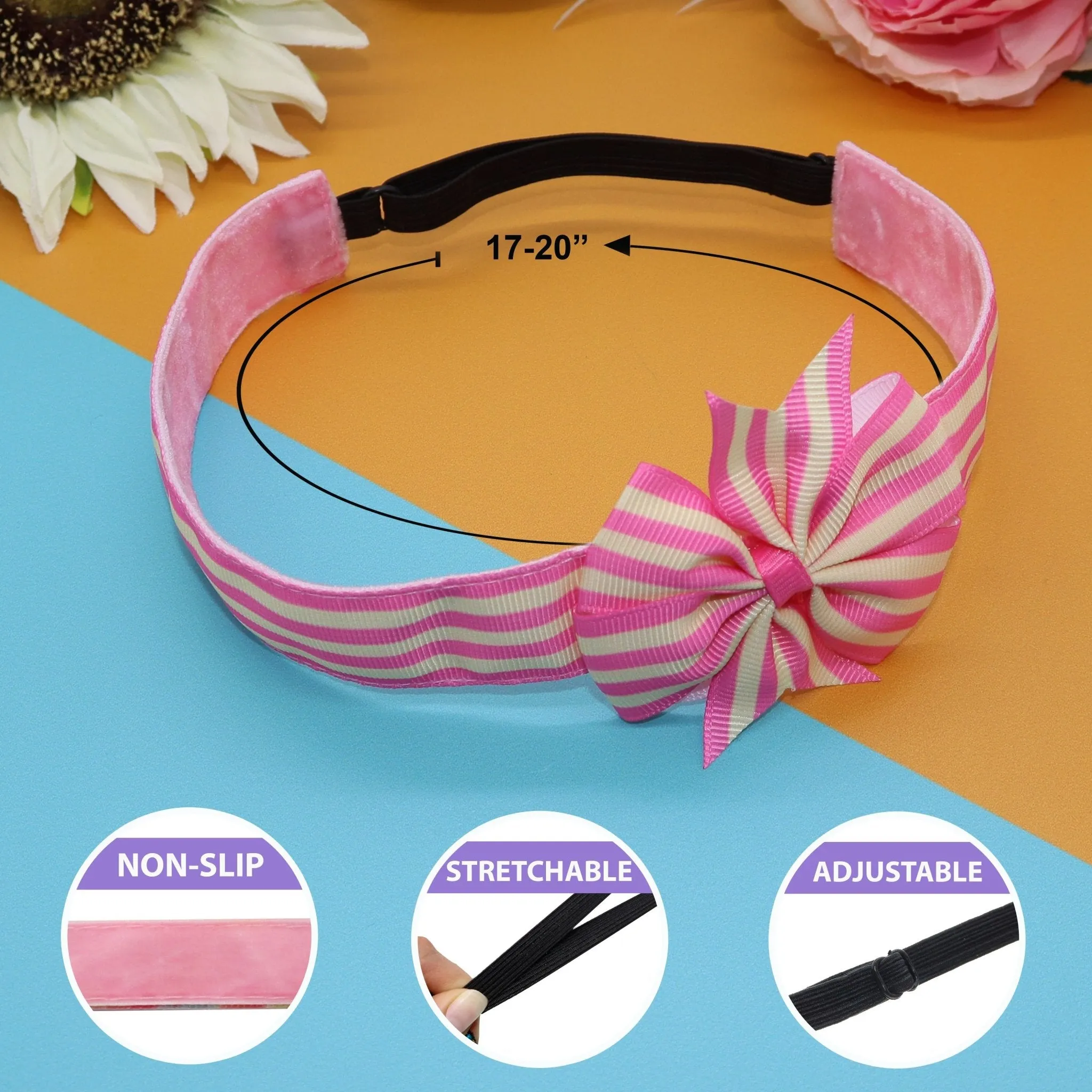 Adjustable No Slip Striped Bow Headbands - 4 Pack