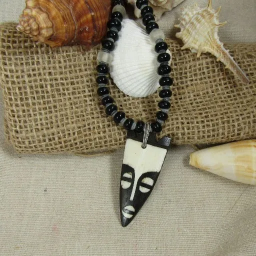 African Batik Bone Mask Beaded Pendant Necklace