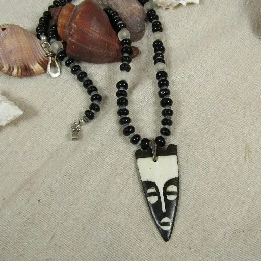 African Batik Bone Mask Beaded Pendant Necklace