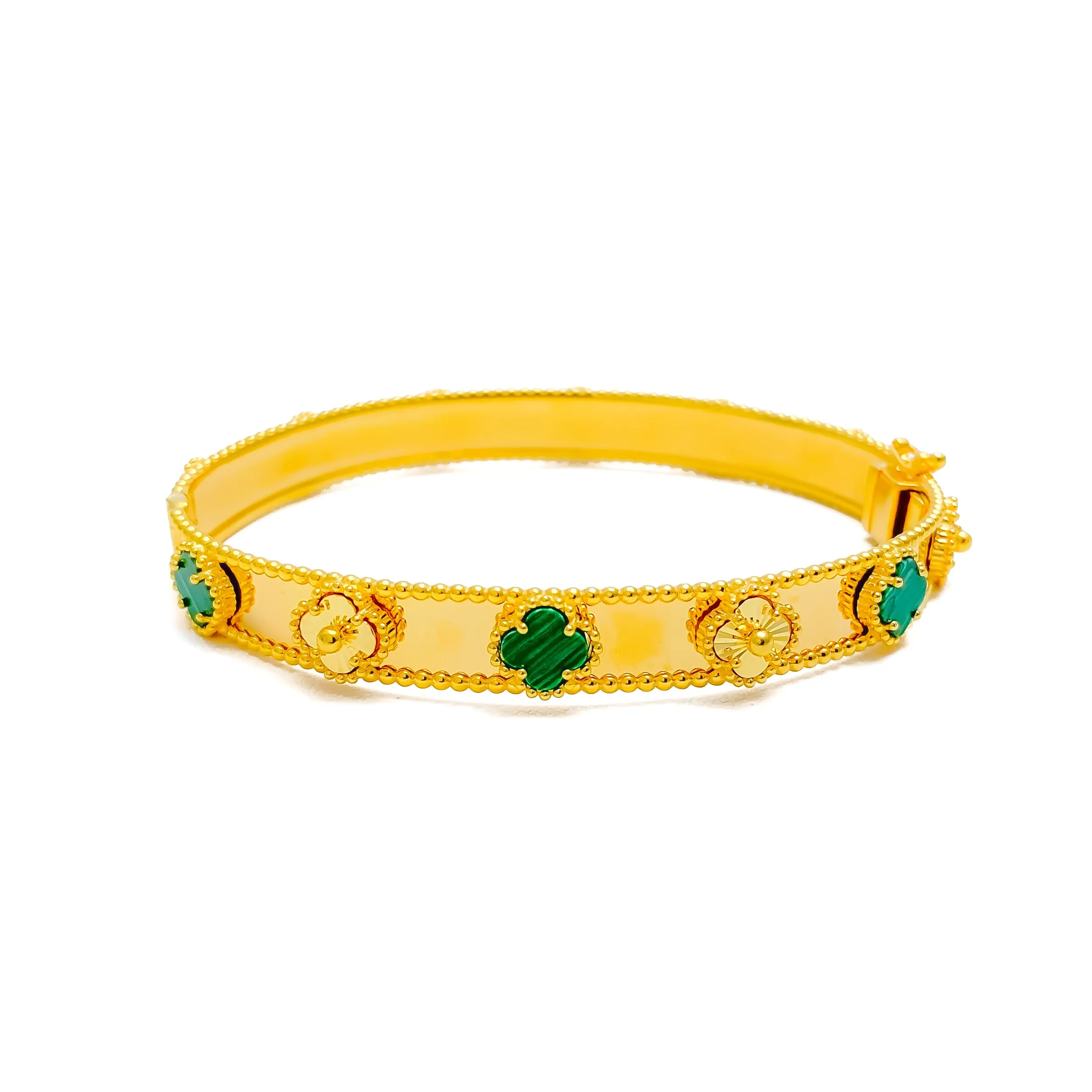 Alternating Clover Malachite 21k Gold Bangle Bracelet