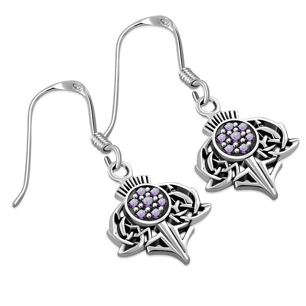 Amethyst CZ Scottish Thistle Silver Earrings