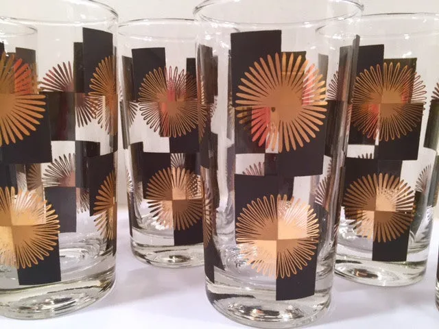 Anchor Hocking - Mid-Century Black Square with 22-Karat Gold Atomic Burst Bar Set  (Set of 24 Glasses)