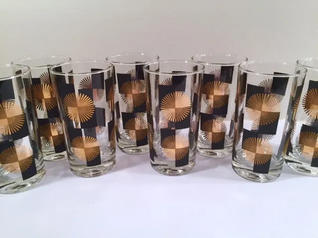 Anchor Hocking - Mid-Century Black Square with 22-Karat Gold Atomic Burst Bar Set  (Set of 24 Glasses)