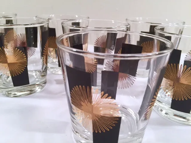 Anchor Hocking - Mid-Century Black Square with 22-Karat Gold Atomic Burst Bar Set  (Set of 24 Glasses)