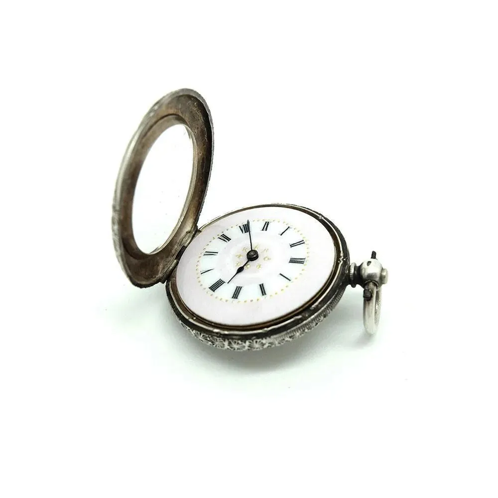 Antique 1888 Swiss Sterling Silver & Pink Enamel Pocket Watch