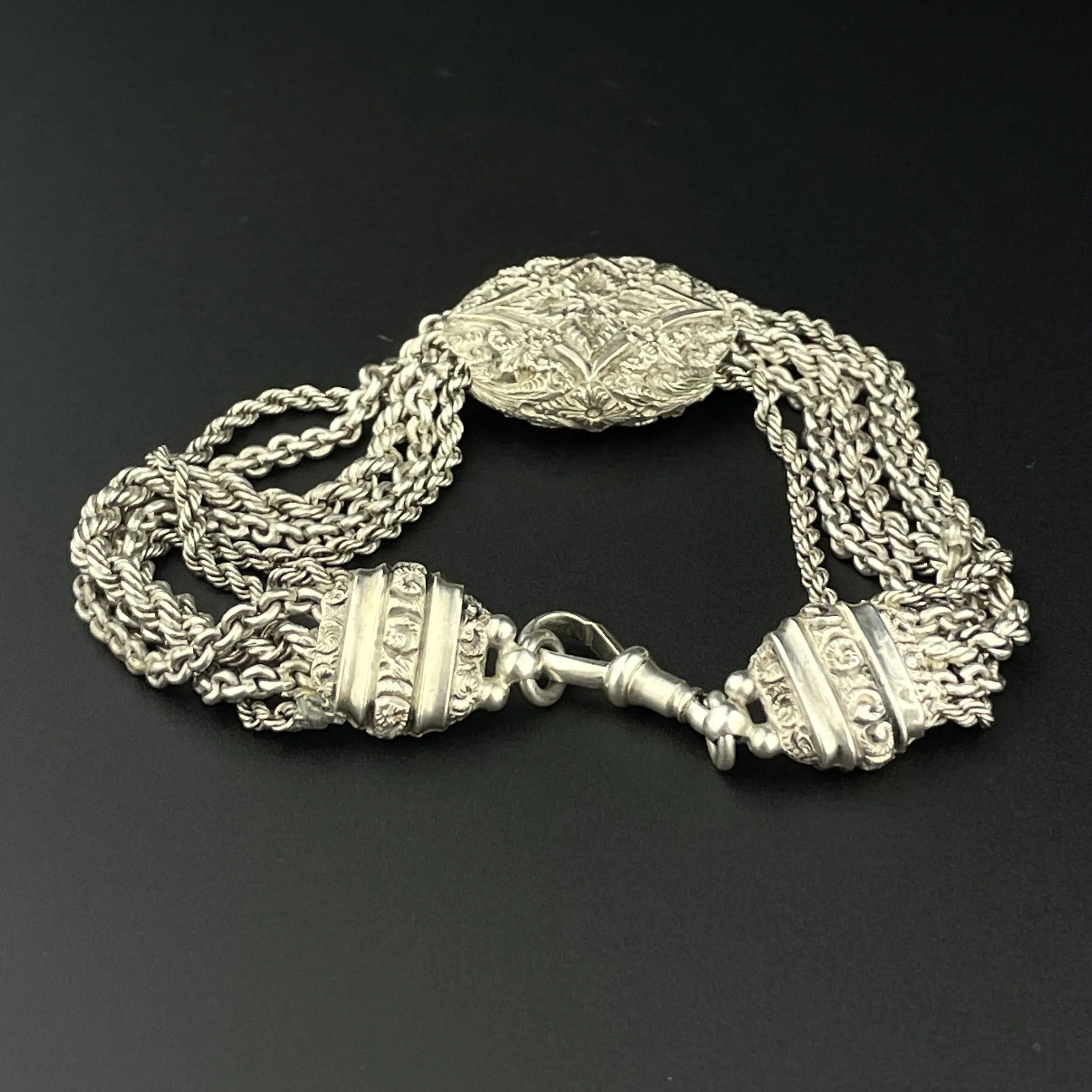 Antique Engraved Silver Albertina Watch Chain Bracelet