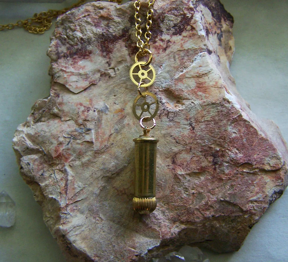 Antique Gold Watch Crown Brass Gears Bullet Jewelry Pendant