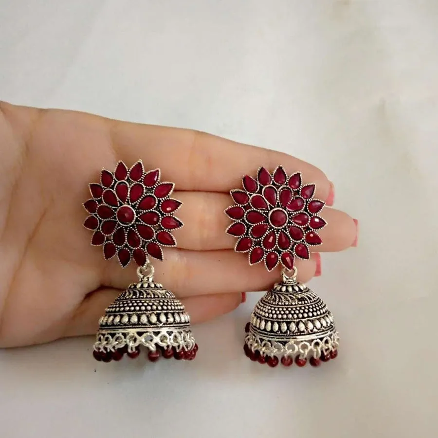 Antique Oxidized Jhumka Earrings With Glass Stones